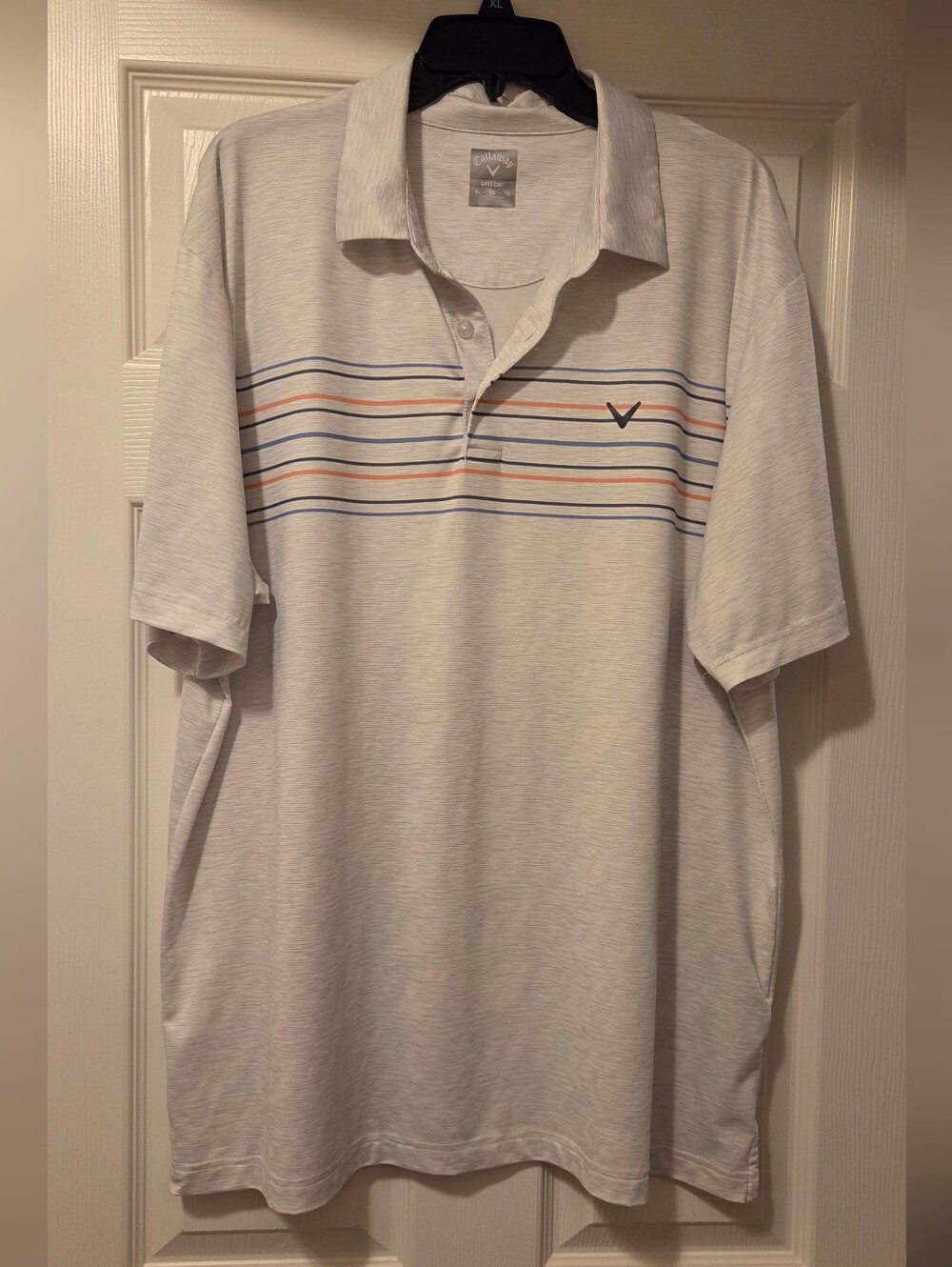 Callaway White Polo with Blue and Orange Stripes